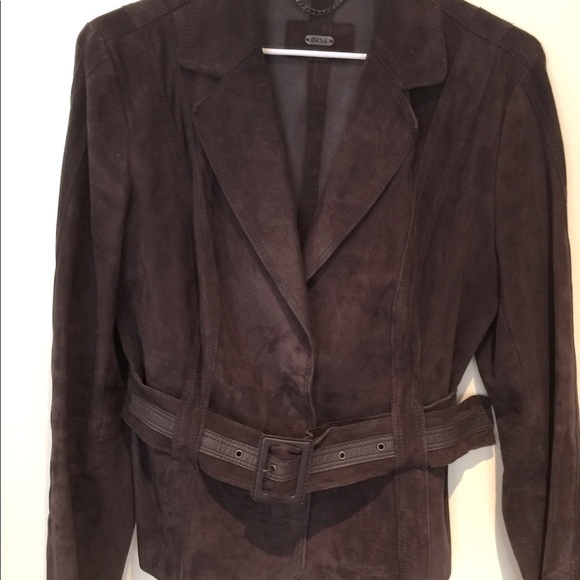 DESA cocoa brown real Suede Leather Blazer jacket suede belt snap closure US L - Picture 4 of 16